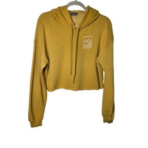 Ohana‎ Mountain Graphic Cropped Hoodie Medium Mustard Yellow Colorado Hand-Print